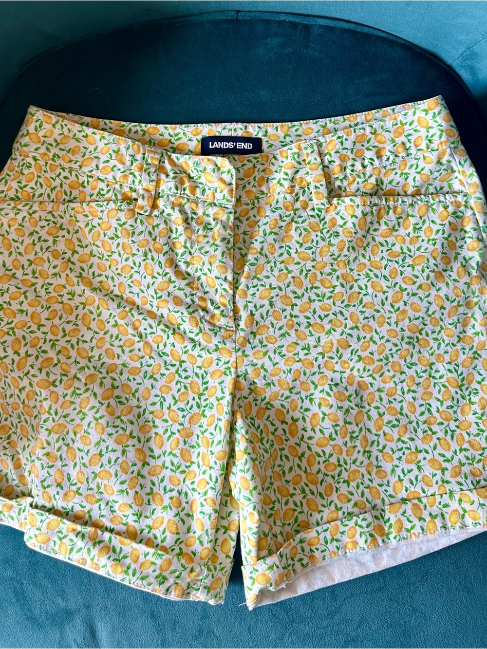 Lands End Lemon Print Shorts 2P Womens Cotton Stretch Summer Yellow Petite